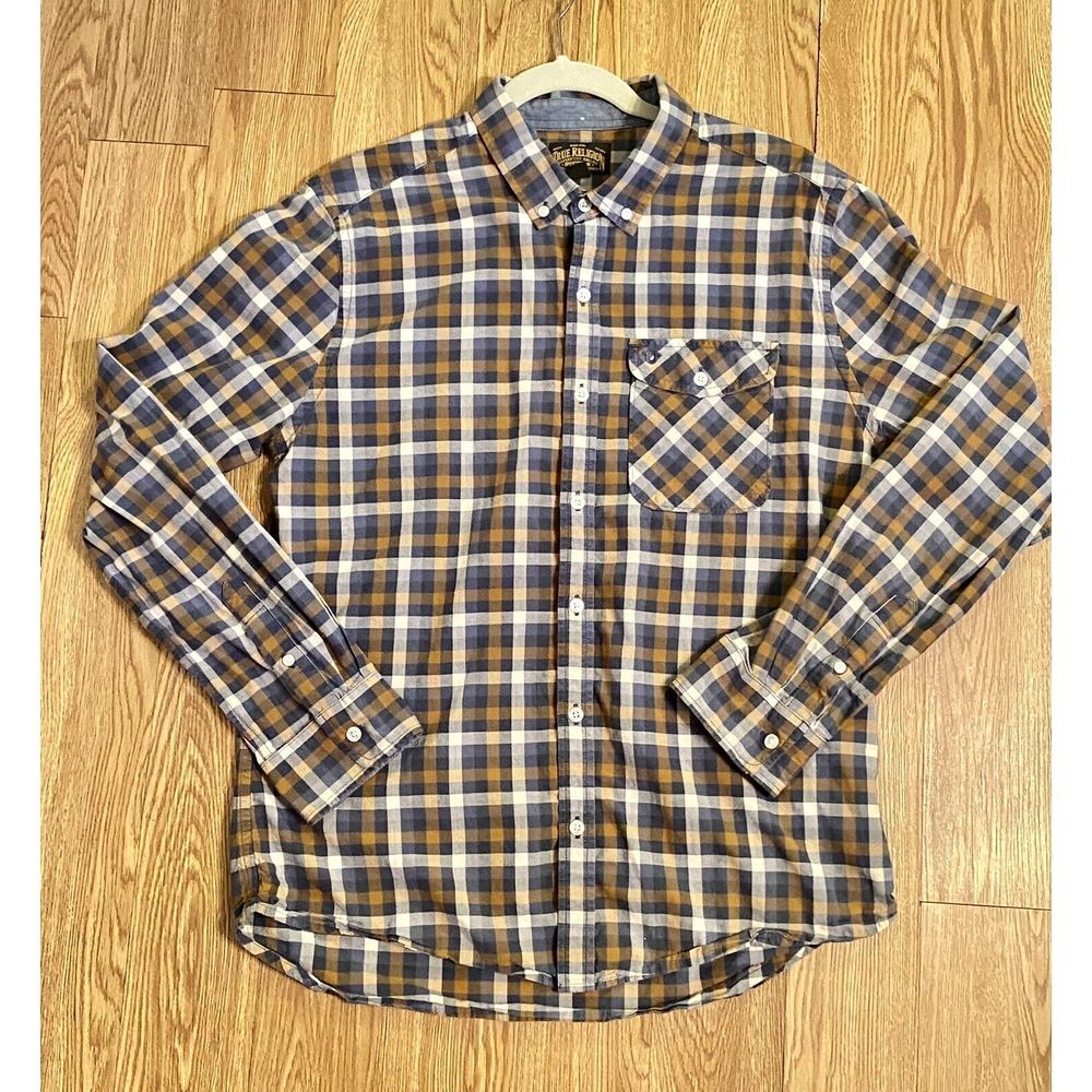 True Religion Men's Button Down Shirt Sz L Long Sleeve Blue Brown Checkered